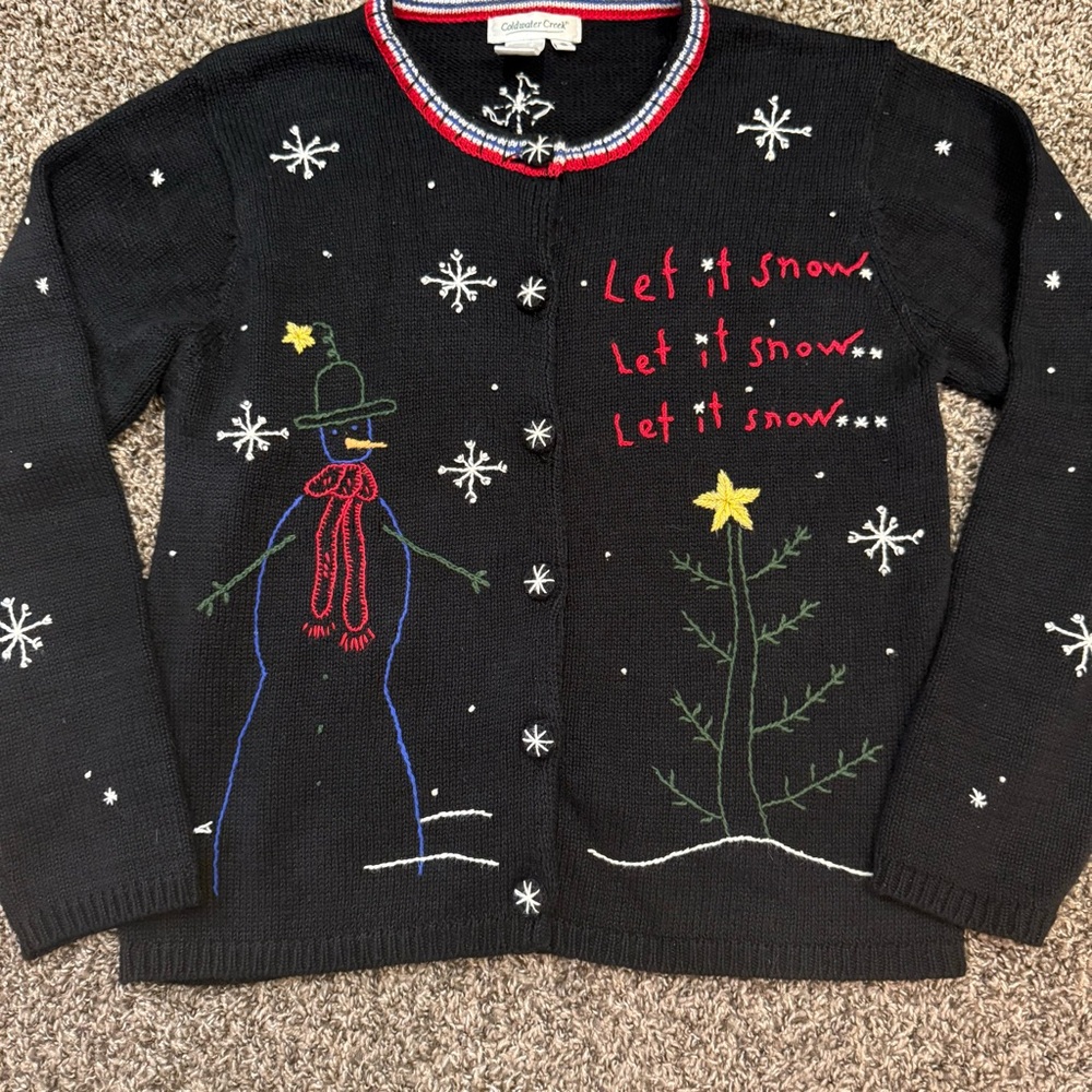 VTG Coldwater Creek Christmas Sweater Cardigan Small Button Front Embroidered